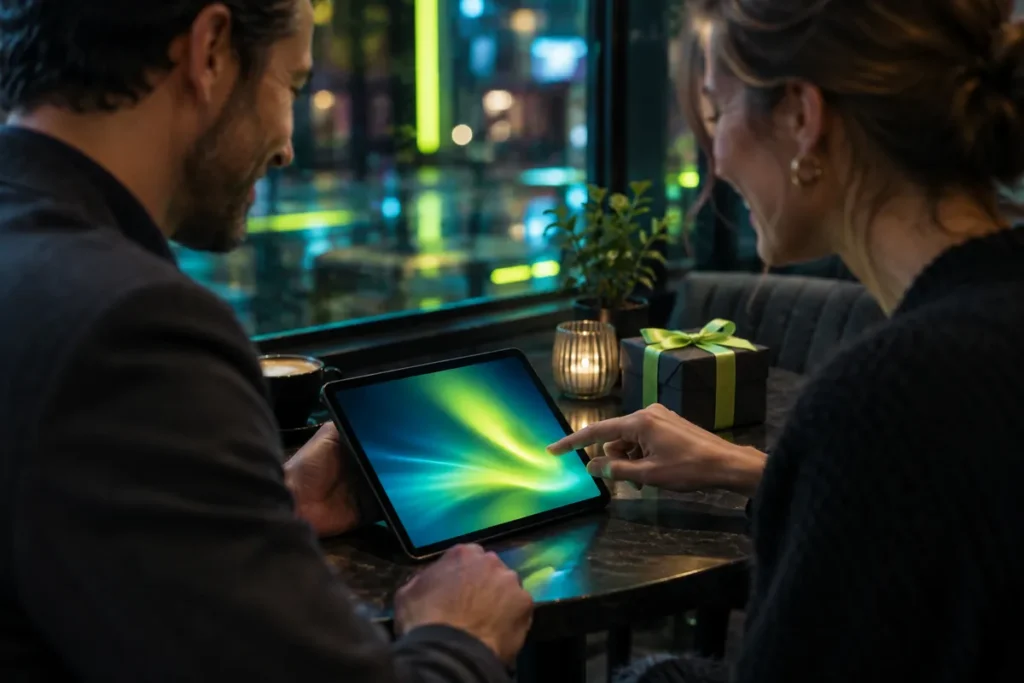 Två personer på ett kafé räknar på en casino bonus på en surfplatta