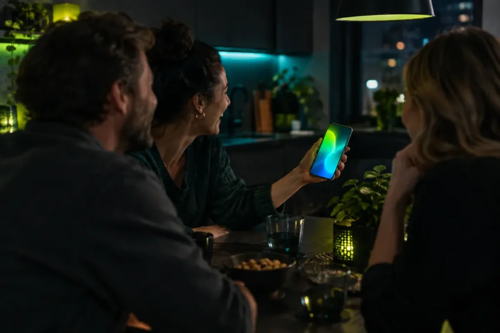 Tre vänner skrattar runt ett köksbord medan en visar Brango Casino på mobilen