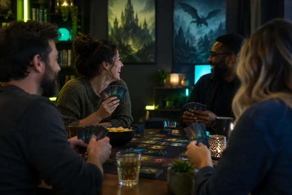 Vänner på spelkväll skrattar och pratar om äventyret i Casino Heroes