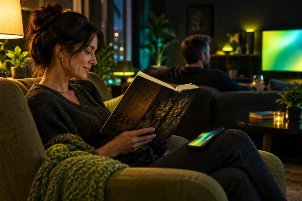 Kvinna i en fåtölj med en bok om Egypten och mobilen, Book of Dead RTP