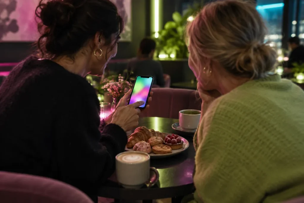 Två vänner på ett färgglatt kafé tittar på Sweet Bonanza RTP i mobilen