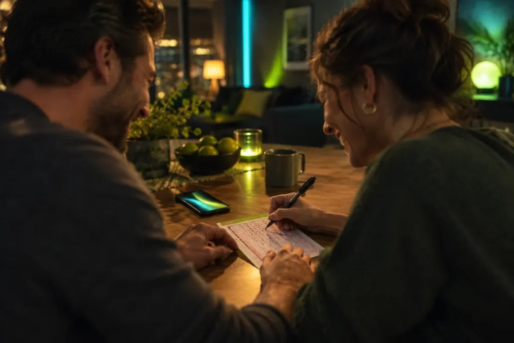 Par vid köksbordet fyller i en kupong och spelar lotto på nätet